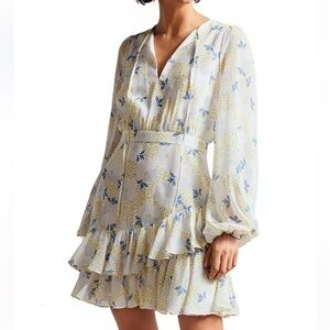 Ted Baker London Suziiee Floral Long Sleeve Mini Dress Ruffle Hem Size 12